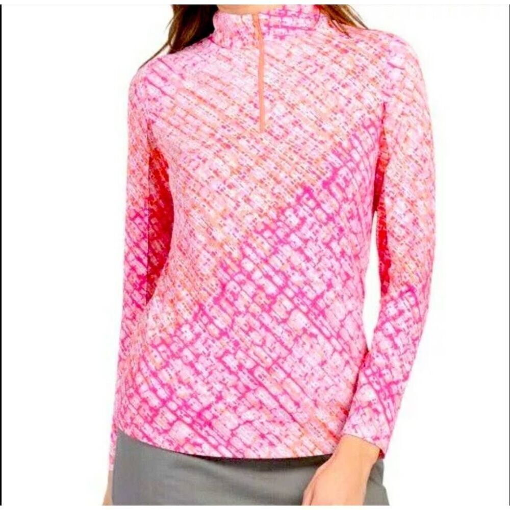 IBKUL Pink & Orange Printed Long-Sleeve Zip Mock Neck Top